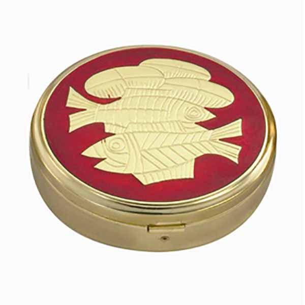 Pyx Gold Plate Fish with Red 45 Host 3-3/8 x 1-1/4” - 3253G/R Alviti Alviti Creations 24 Kt Pyx Gold Plate Loaves and Fishes on Red, 45 Host 3 3/8x1 14" - 3253G/R Alviti