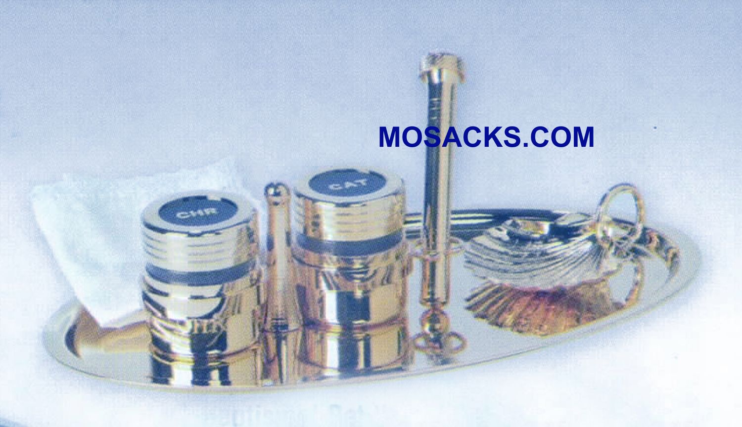Holy Oils Stocks, Baptismal Shell, Holy Water Sprinkler, Tray and Finger Cloth - Nickel Plated Bapt…