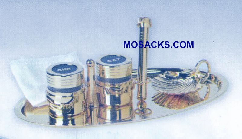 Holy Oils Stocks, Baptismal Shell, Holy Water Sprinkler, Tray and Finger Cloth - Nickel Plated Bapt…