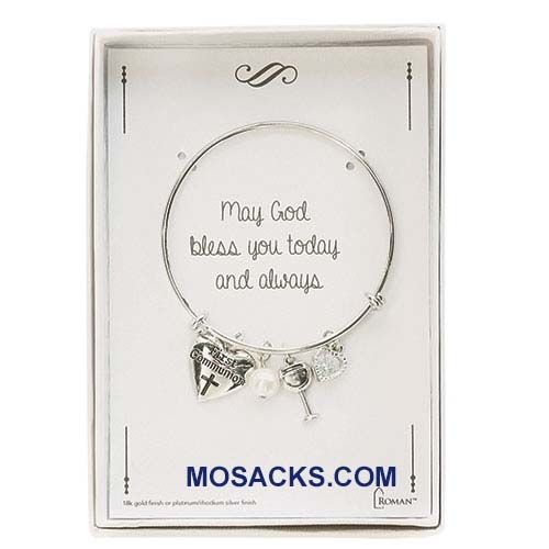 Communion Bangle Bracelet Hearts Chalice Pearl in Silver 12737