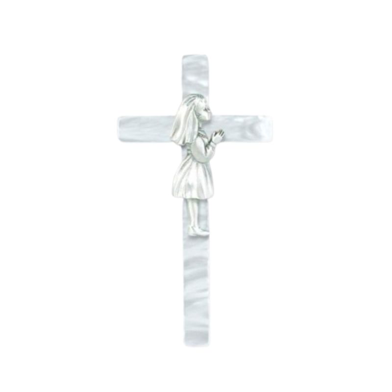 Communion 7 Inch Pearlized White Cross with Pewter Girl Figure 12-83G-7WP ?Communion Cross