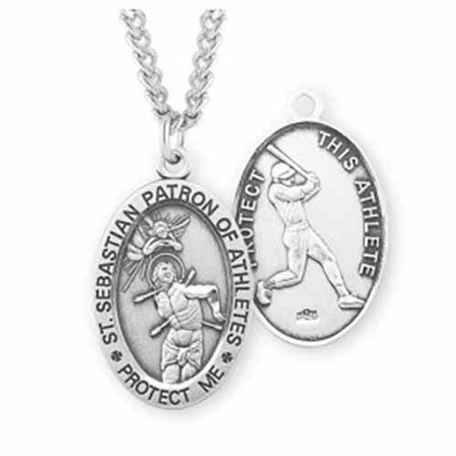 St. Sebastian Oval Sports Medal Baseball in Sterling Silver, S604124