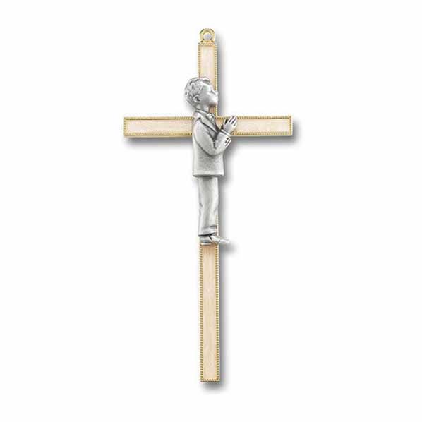 7" Pearlized Gold Plated Communion Cross with Genuine Pewter Communion Boy Figure 82B-7G9  Gift Box…