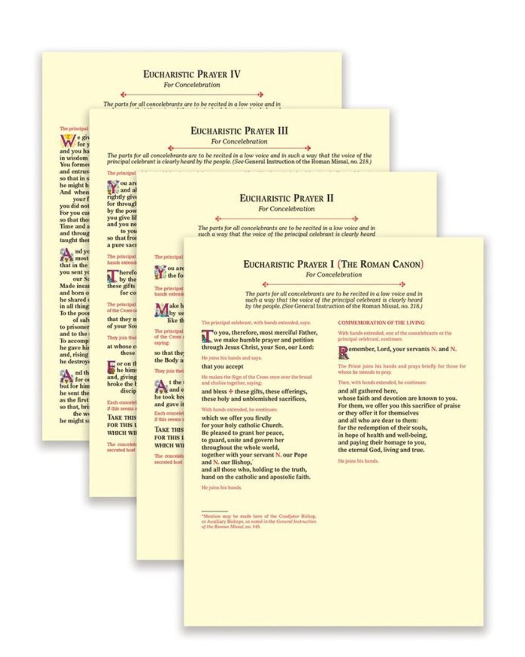 Eucharistic Prayer Cards for Concelebration For Eucharistic Prayers I, II, III, IV Laminated