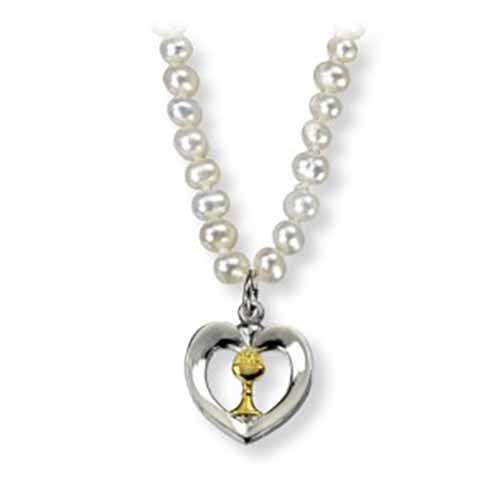 Freshwater Pearl First Communion Necklace with a Two Tone Heart Chalice Pendant NP43718TT16