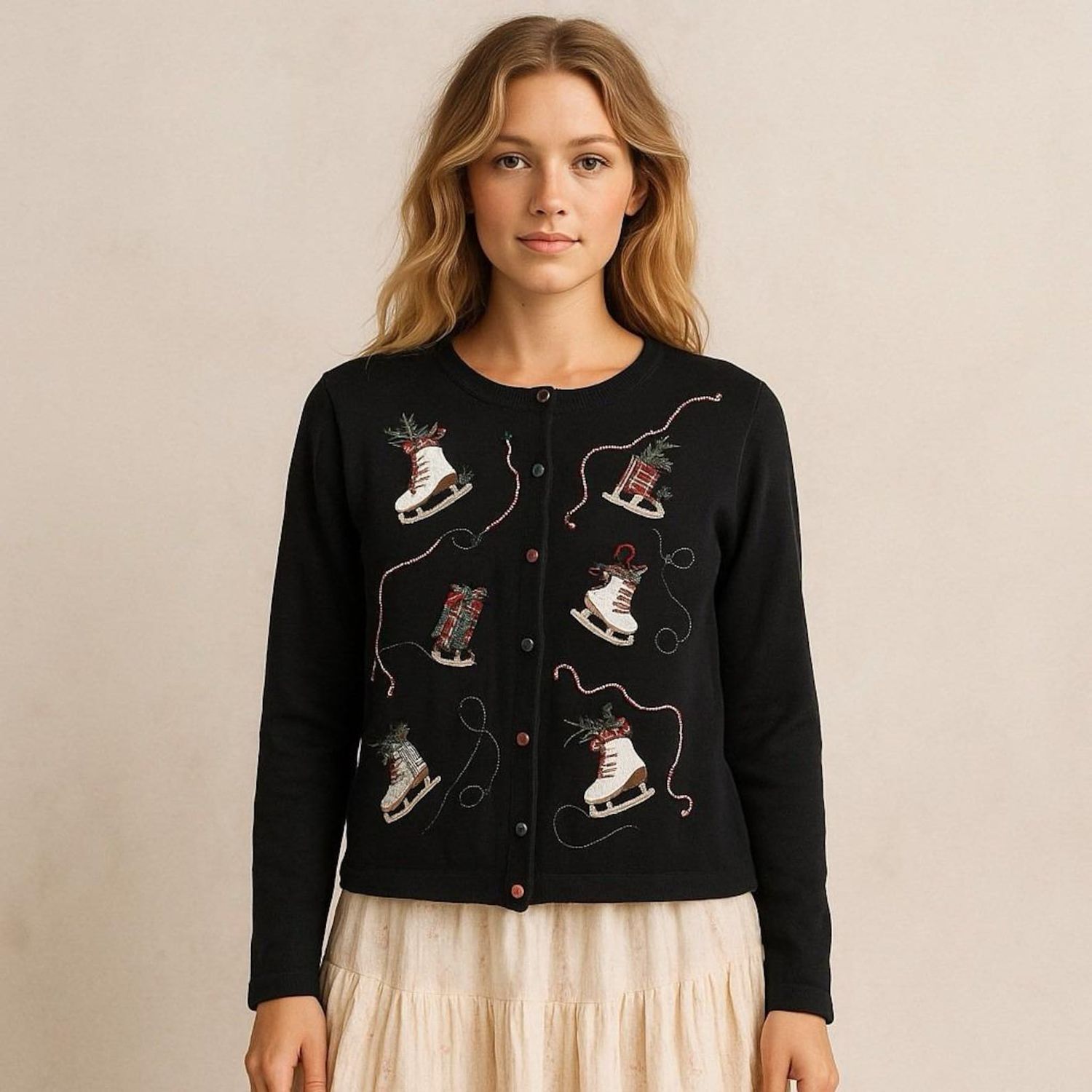 Vintage Christmas Cardigan – Women's Large – Black Holiday Sweater with Embroidered Ice Skates &amp; Tartan Buttons
