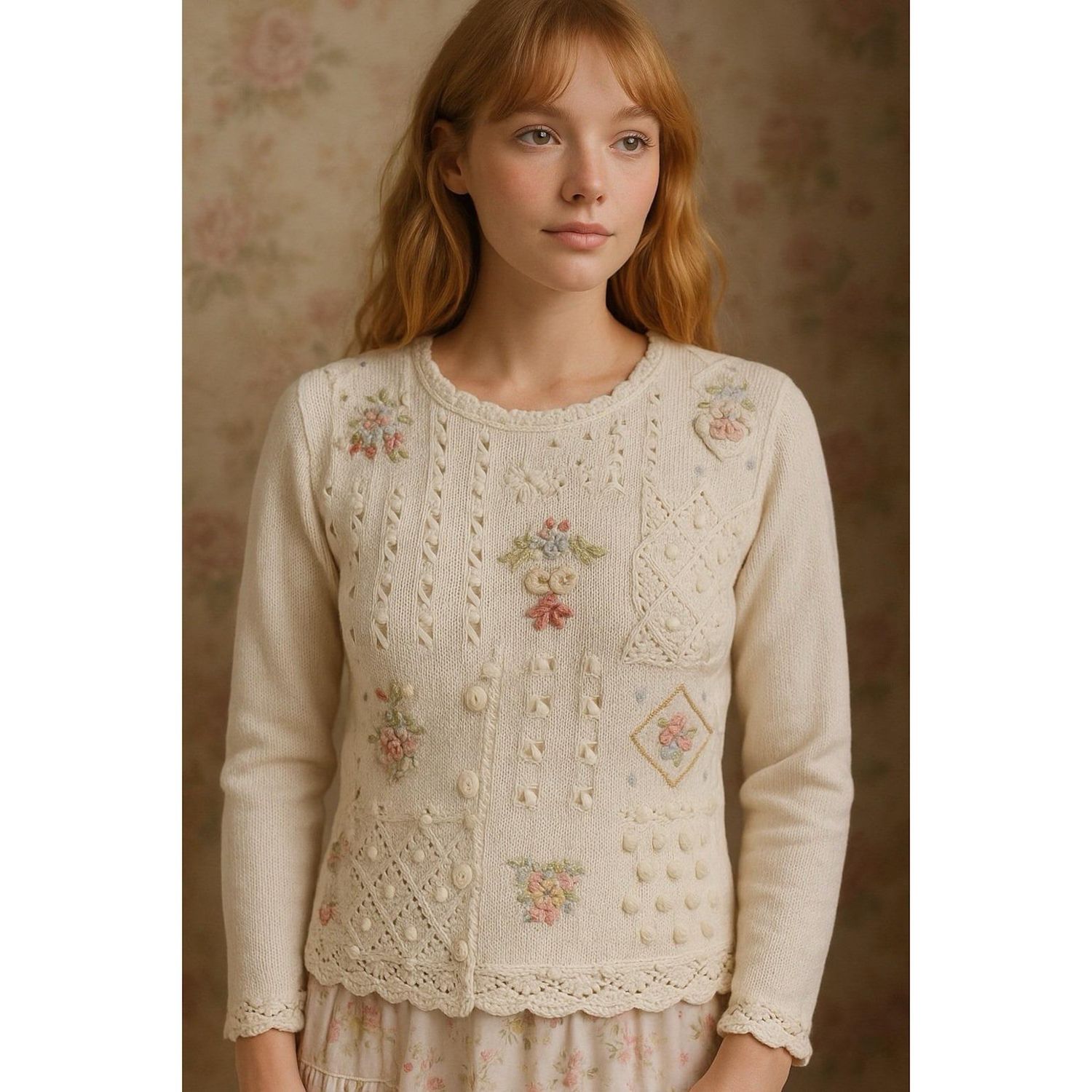 Vintage Cream Floral Sweater – Women’s Small