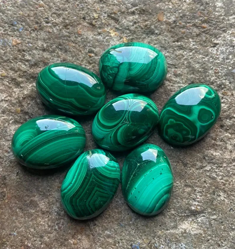 Natural Malachite Cabochon: Oval Flat Back Gemstone, Calibrated Sizes