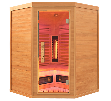 sauna d'angle en bois avec lumière rose