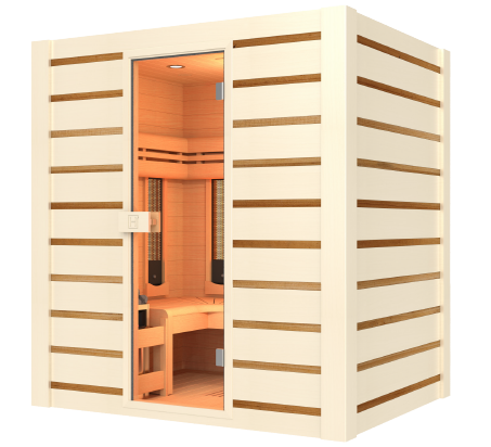 sauna en bois claire avec porte vitré lumière orange intérieur