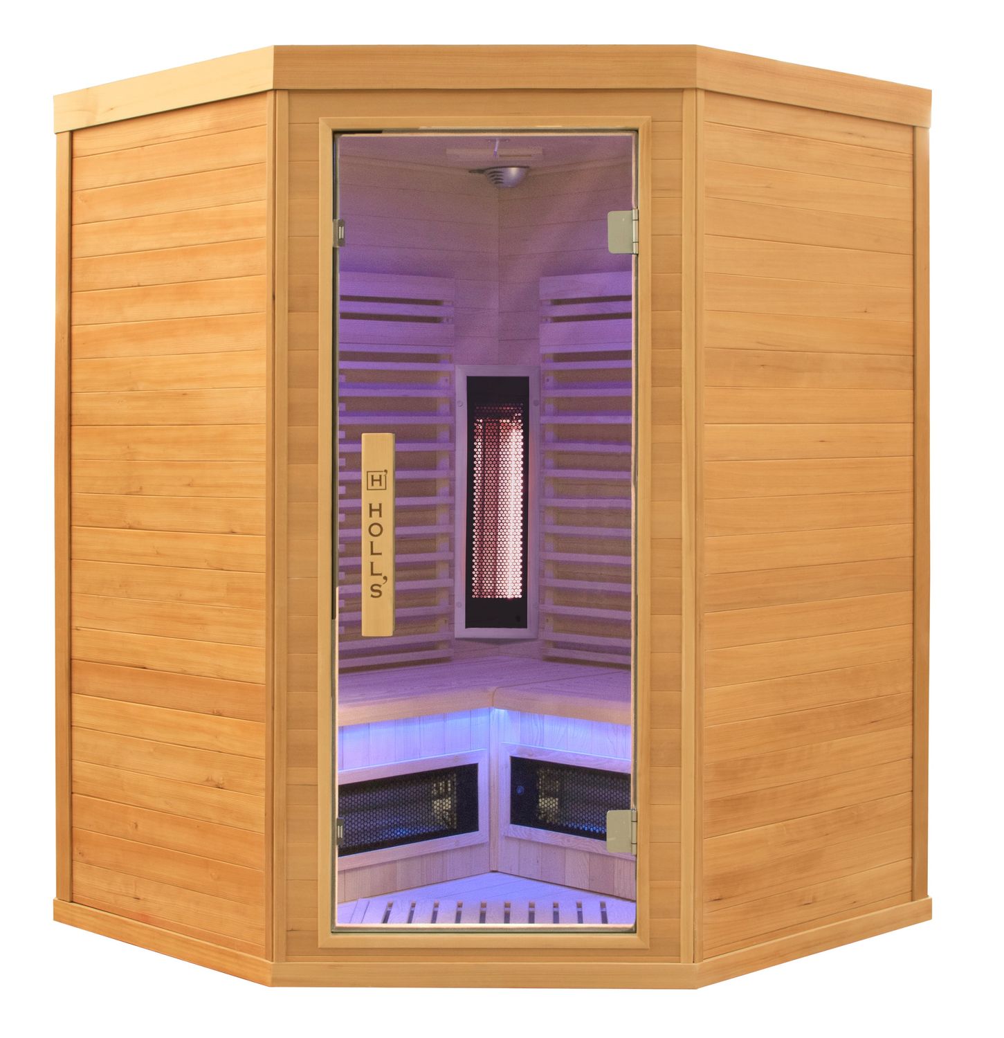sauna d'angle en bois avec lumière rose