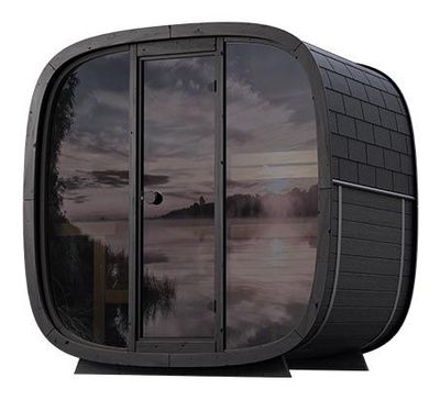 sauna extérieur en bois noir avec façade en verre