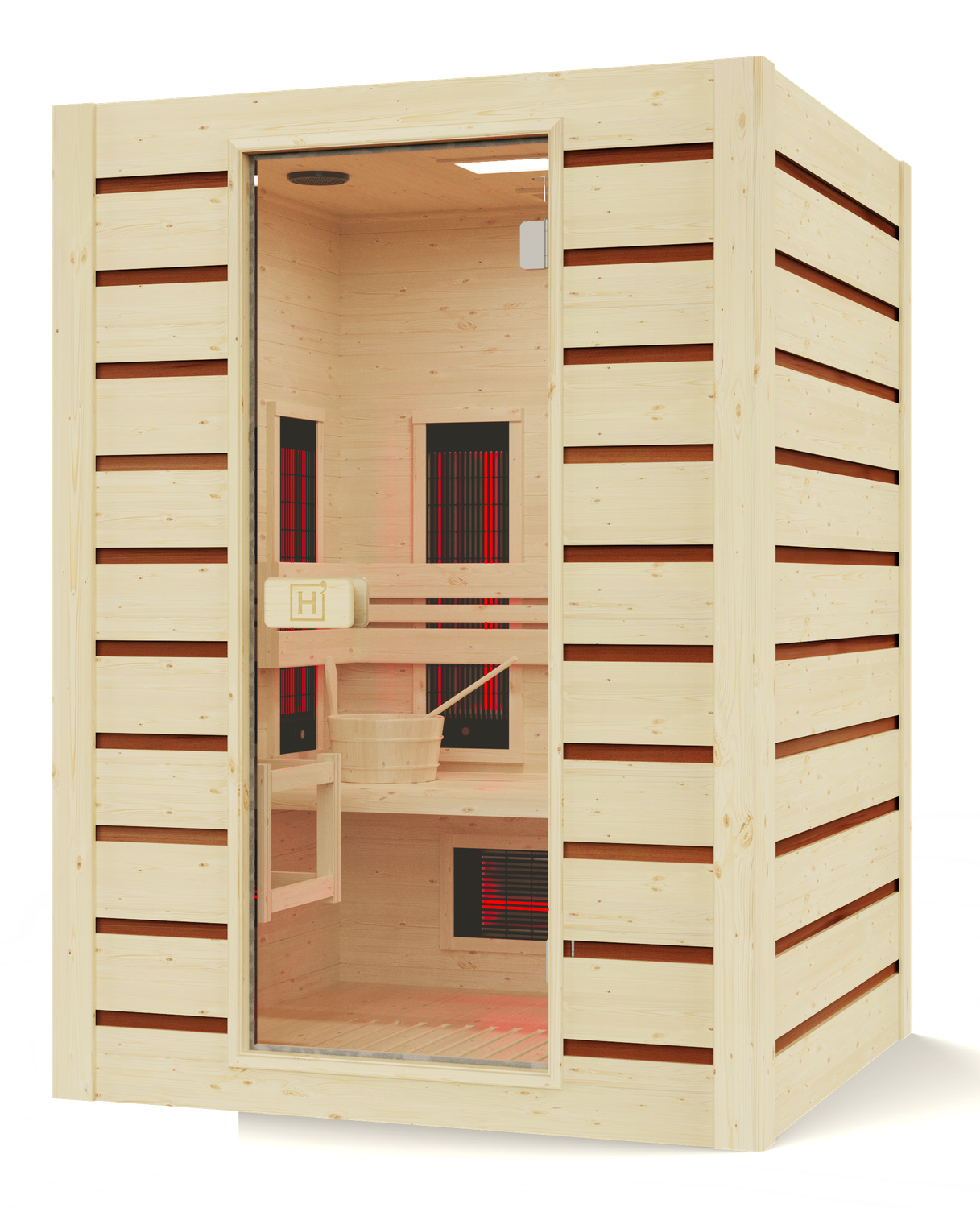 Sauna et bois avec porte en verre lumière blanche