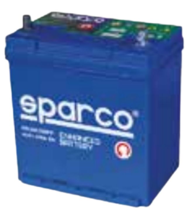 Batteria per auto Sparco di colore blu, con logo bianco frontale e indicatori tecnici sulla parte superiore.