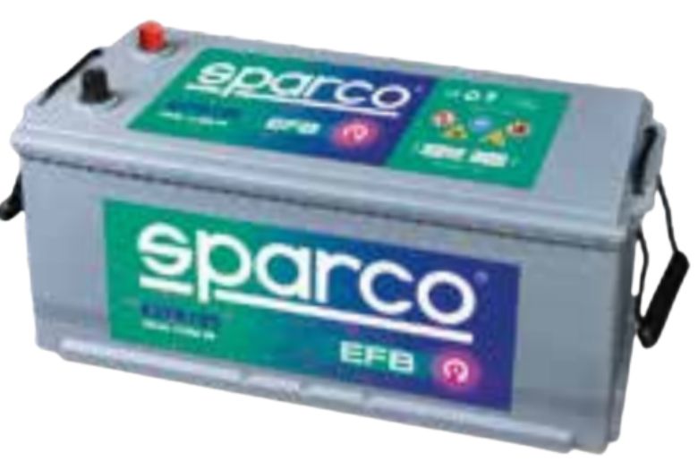 Batteria auto Sparco di colore grigio con etichetta frontale verde e blu, logo bianco Sparco ben visibile