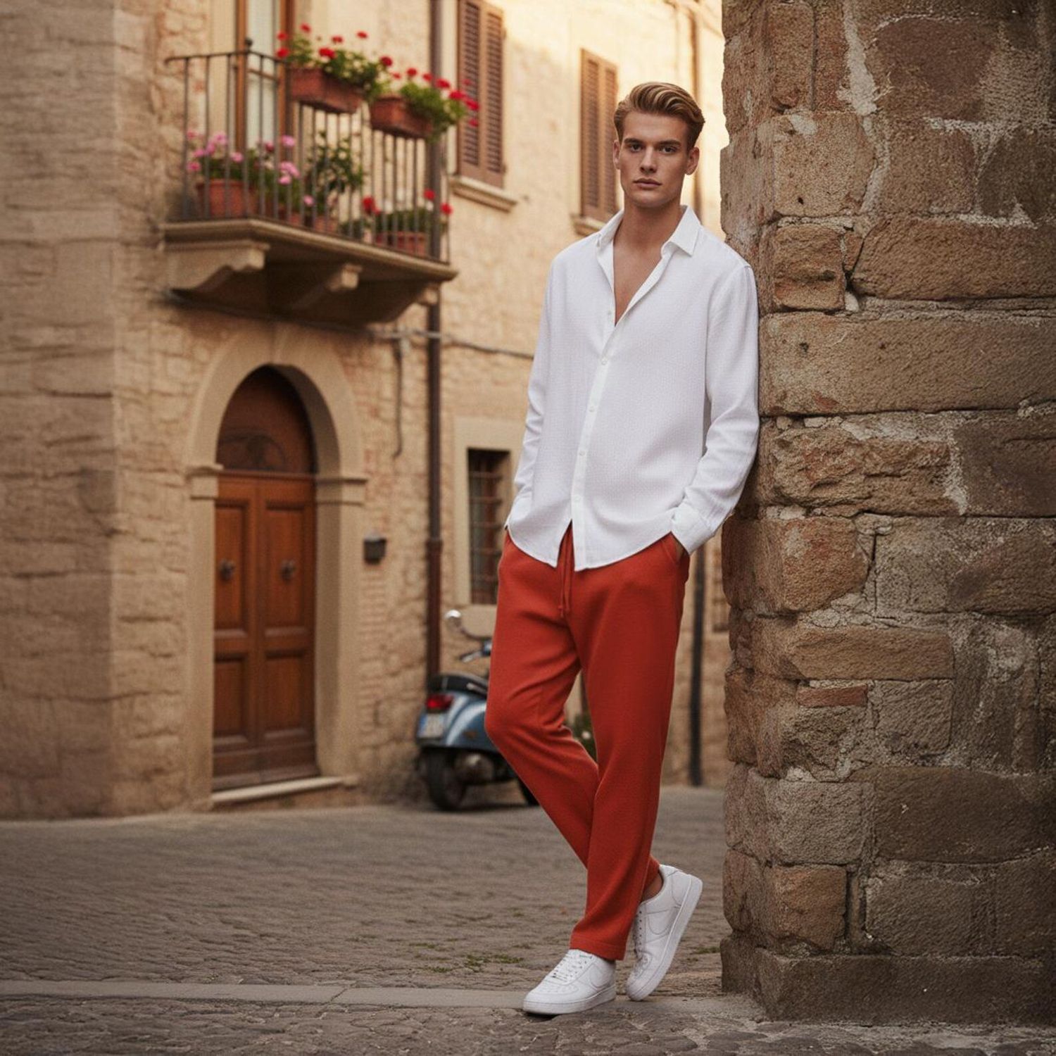 Men’s Orange Linen Pants, Drop Crotch Boho Tapered Fit