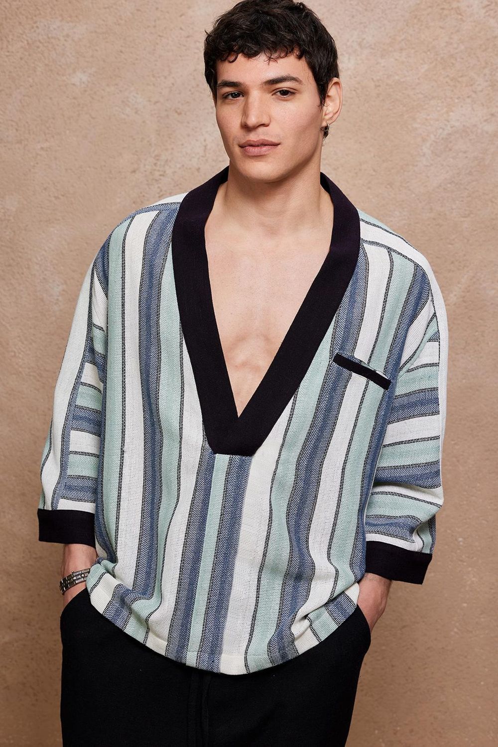 Striped Deep V Boho Cotton Shirt for Men