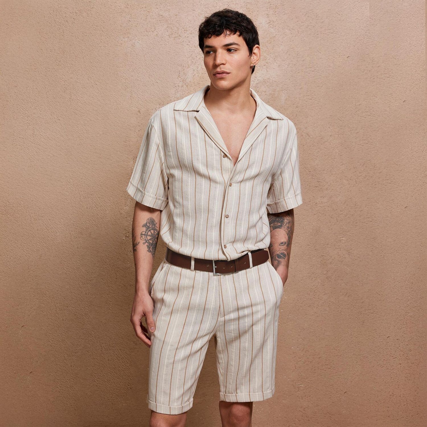 Men’s Rustic Beige Linen Shirt &amp; Shorts Set