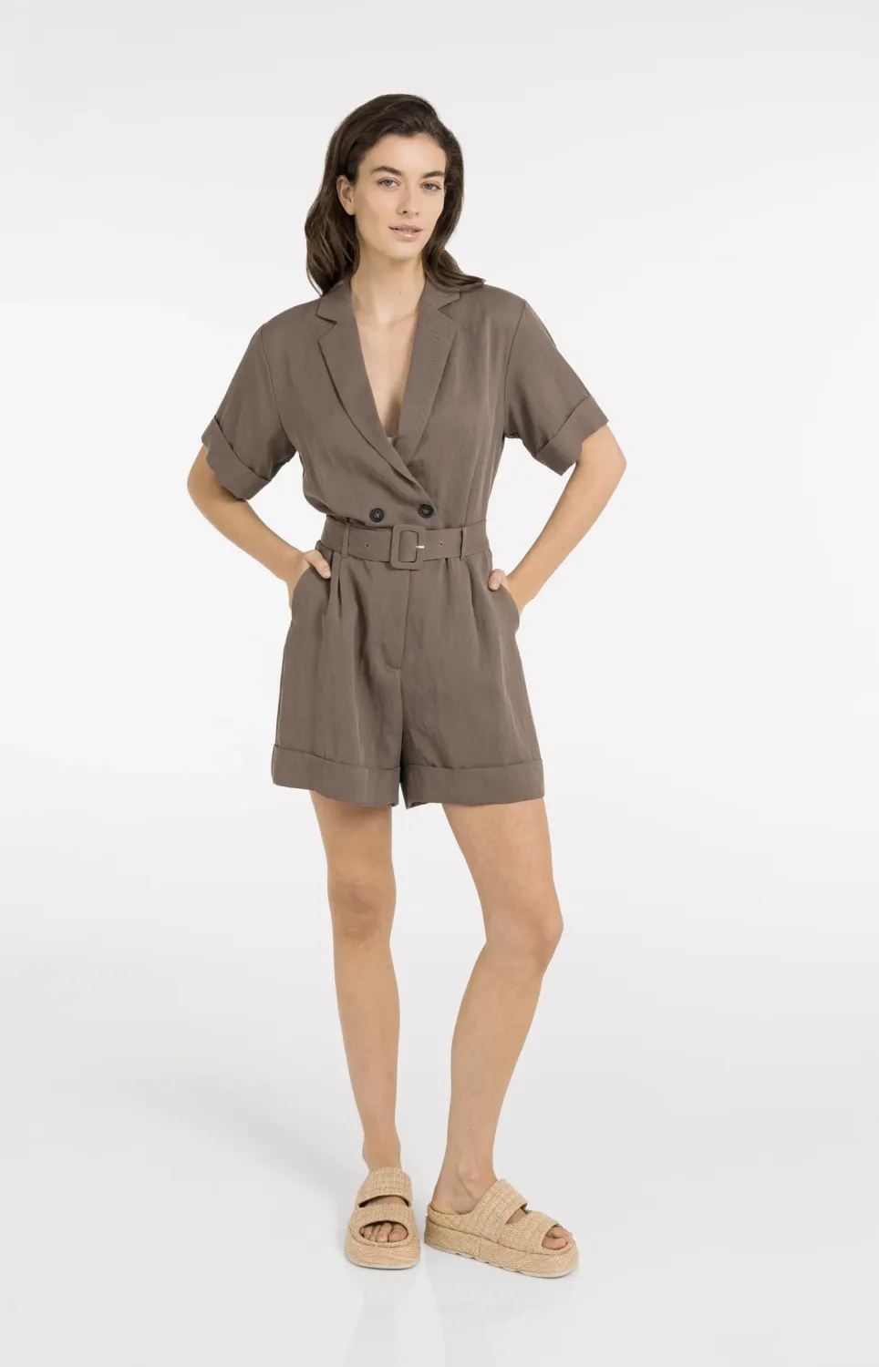 YaYa Woven loose fit playsuit with 01-341025-605 WASHED BROWN