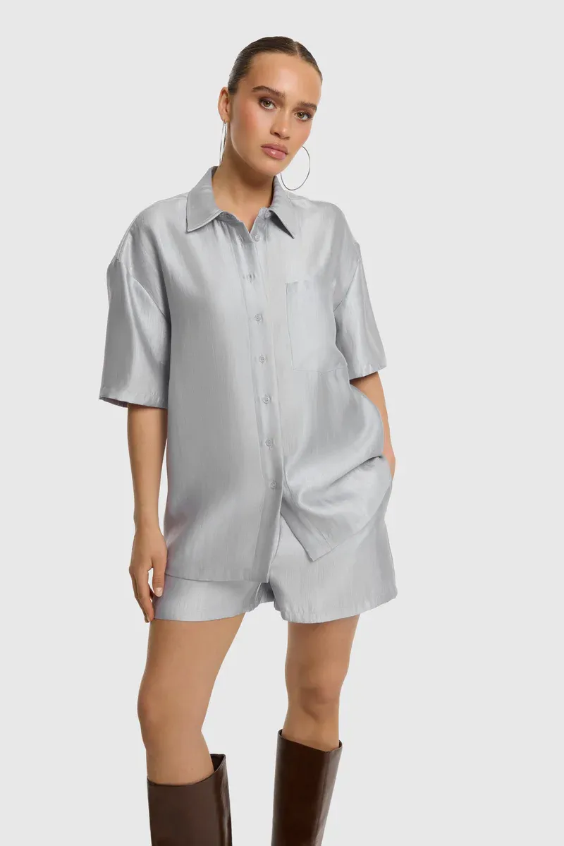 Refined ladies woven oversized short sleeve R2606953197 silver
