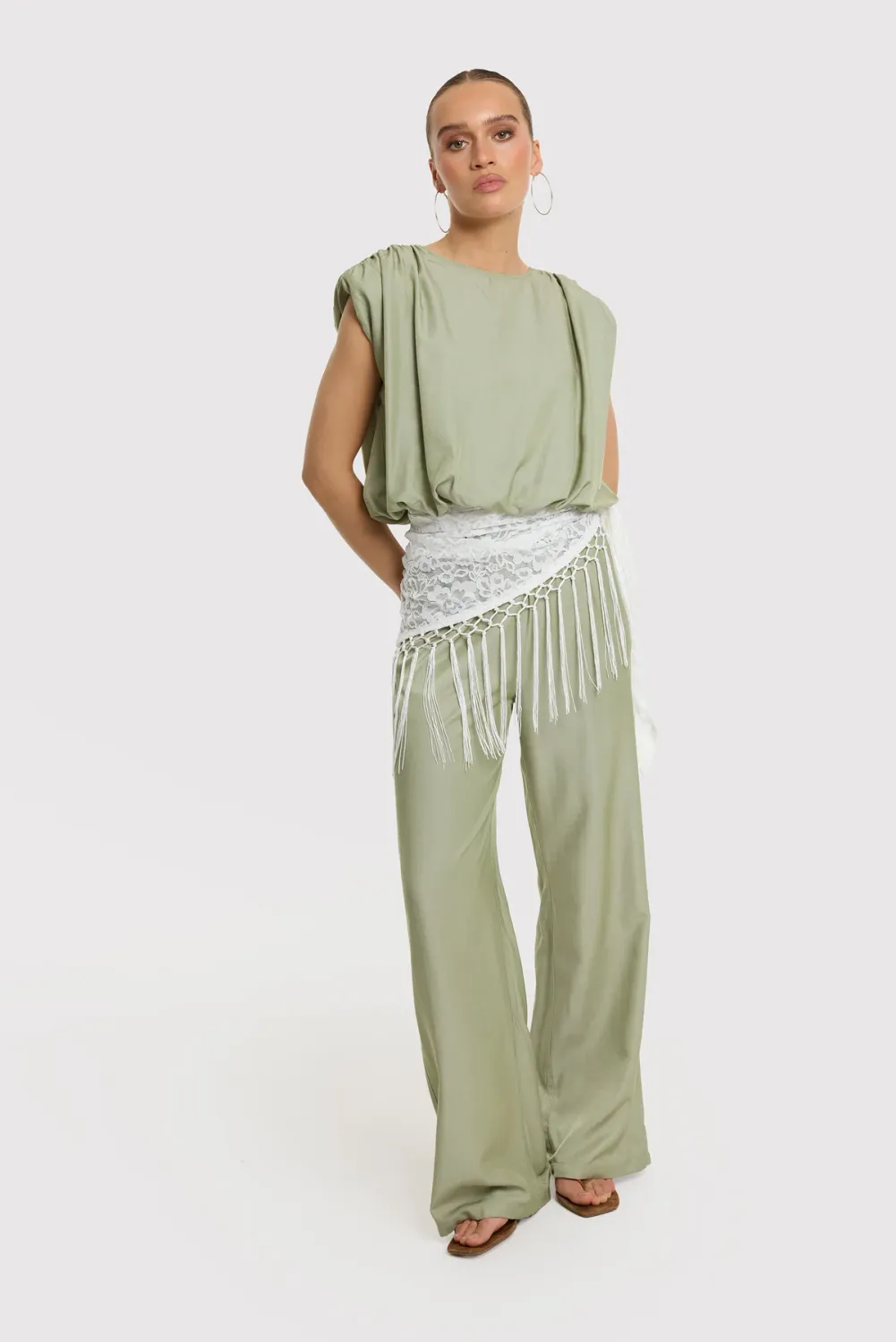 Refined ladies woven flowy wide leg pants NO R2606130194 army