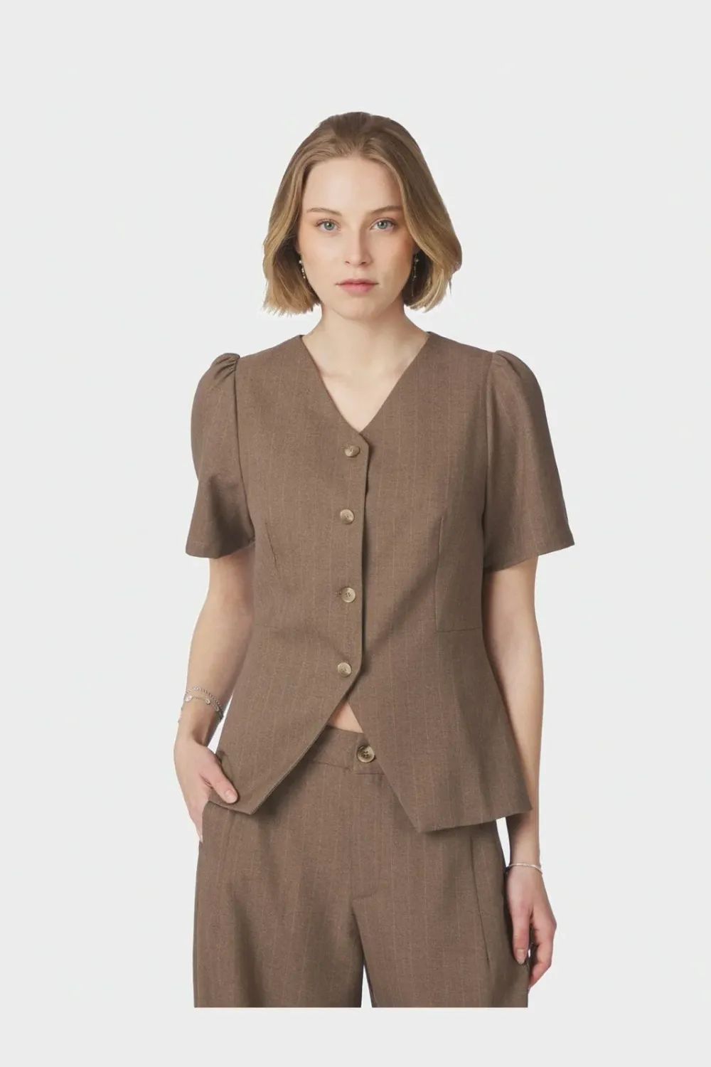 Neo Noir Jules Pinstripe Blouse 163592 Taupe