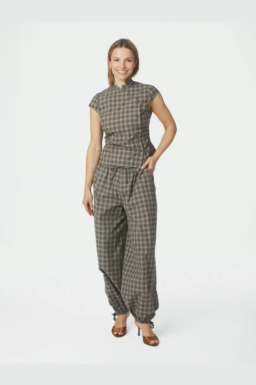 Neo Noir Roxane Balloon Checked Pants 169630 Dusty army