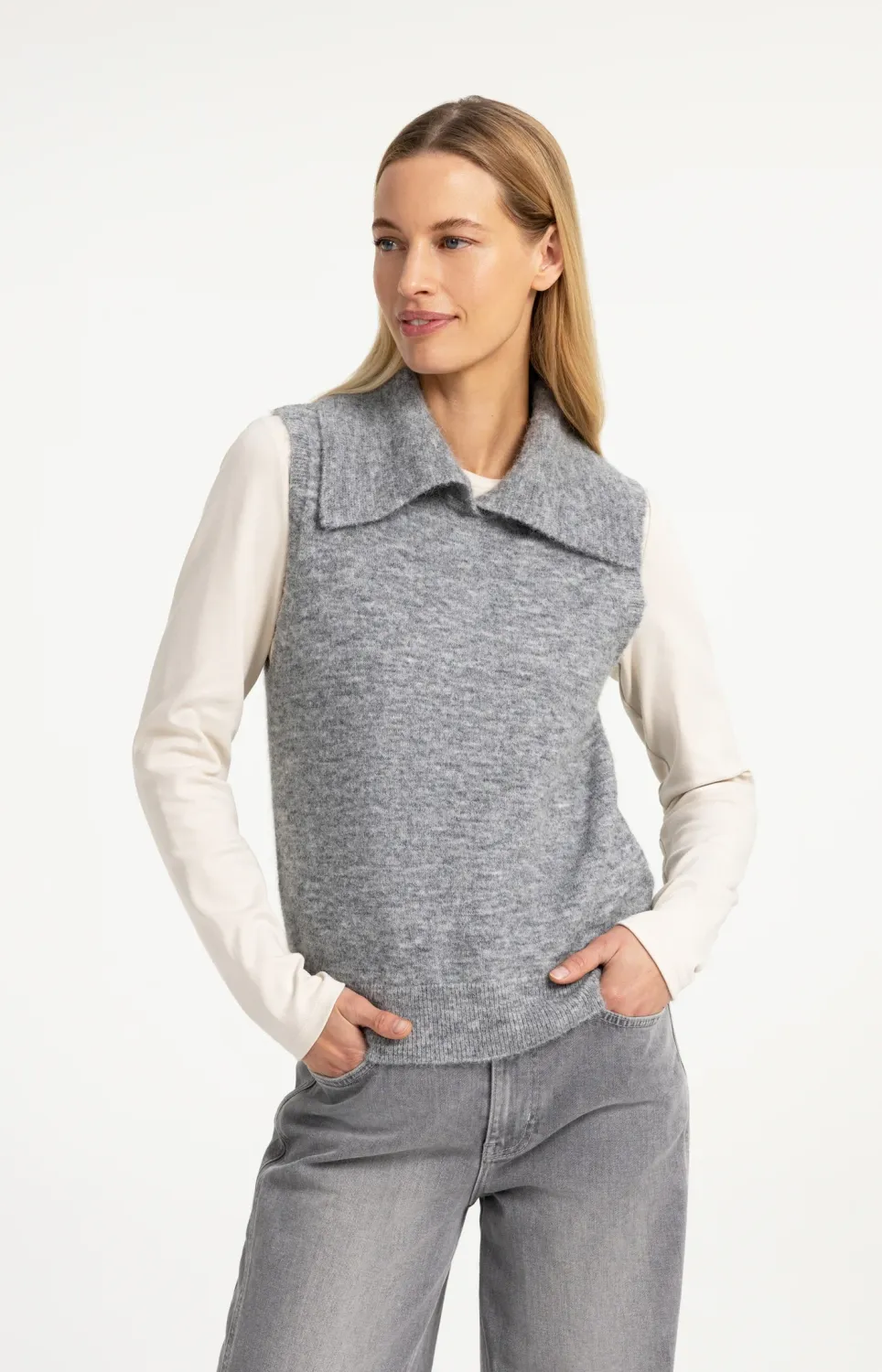 YaYa Mouwloze trui met kraag 01-000637-609 MEDIUM GREY MELANGE