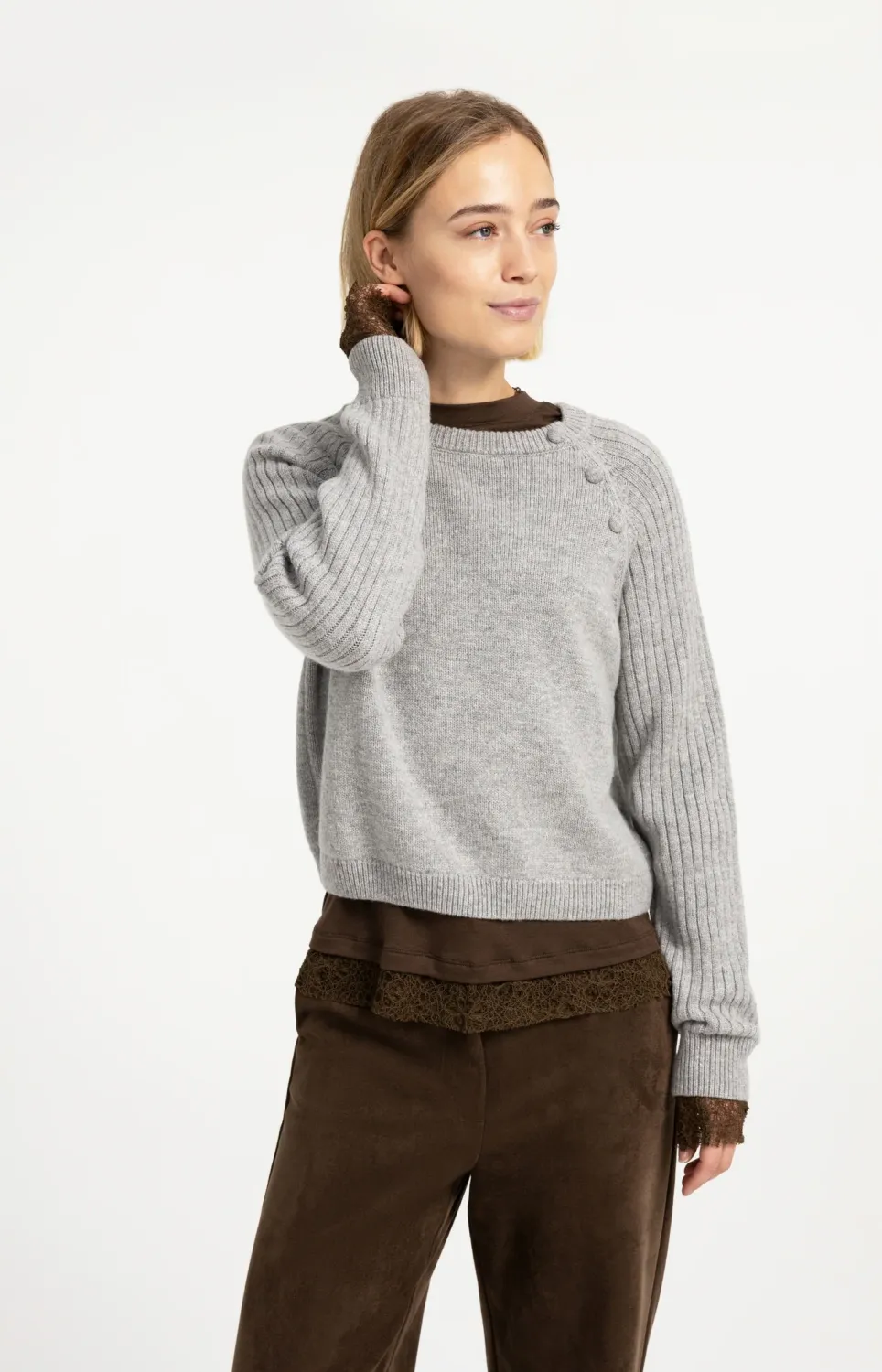 YaYa Trui met ribboorden aan de mou 01-000641-609 MEDIUM GREY MELANGE
