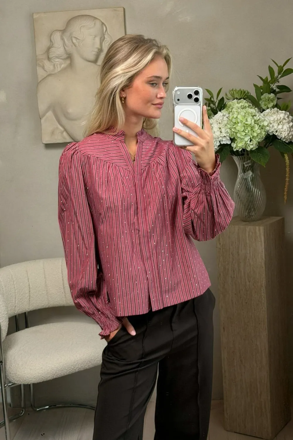 Neo Noir Astrida gestreepte blouse – dark rose