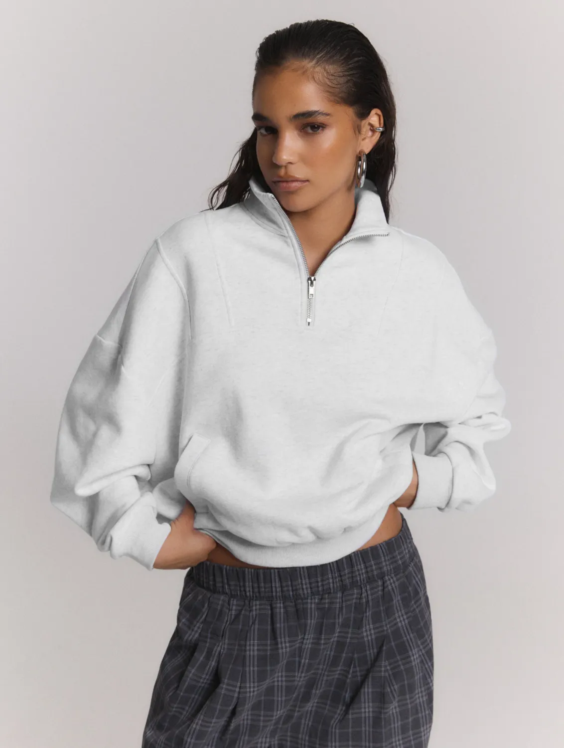 Refined Bianca oversized trui met halve rits – grijs melange