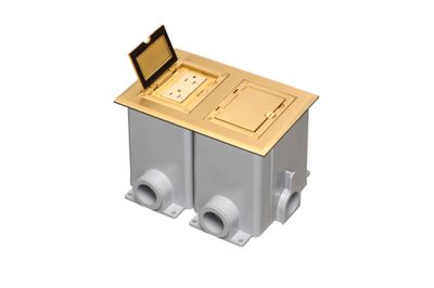 Arlington FLBC8520MB 2-Gang Cover for Non-Metallic Floor Box - Flip Lid, 20A Decora, Low Voltage Insert, Brass