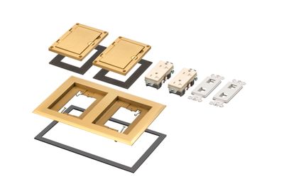 Arlington FLBC8520MB 2-Gang Cover for Non-Metallic Floor Box - Flip Lid, 20A Decora, Low Voltage Insert, Brass