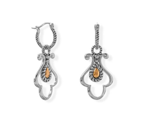 Sterling Silver two tone dangle earrings with 14k Gold accent