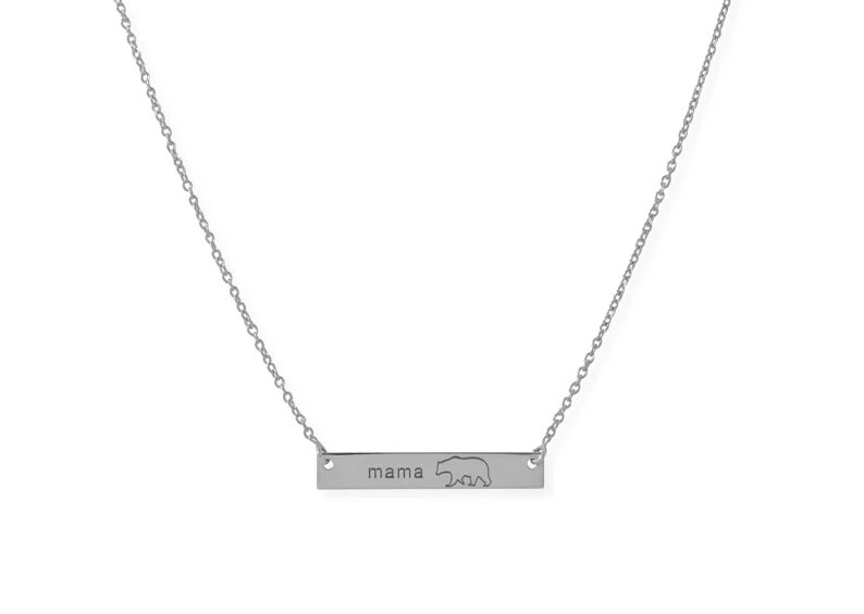 Mama Bear bar necklace Rhodium plated Sterling Silver
