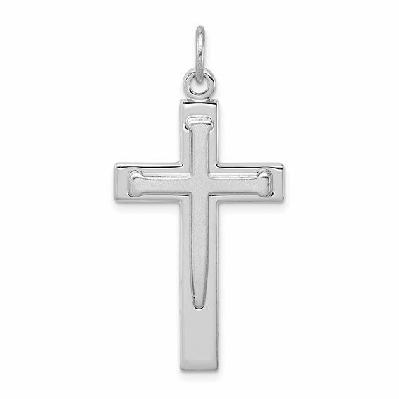 Cross of Nails Pendant. Polished cross with satin finish nail design. Sterling Silver, made in USA 34mm x 20mm