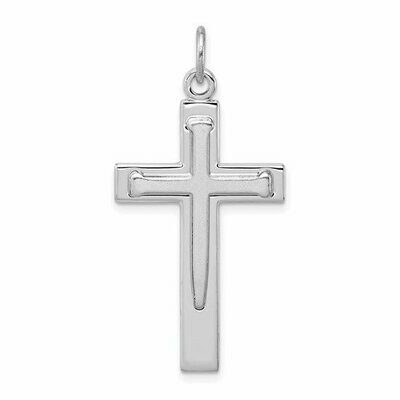 Cross of Nails Pendant. Polished cross with satin finish nail design. Sterling Silver, made in USA 34mm x 20mm