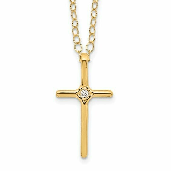 Petite cross necklace 14k Yellow Gold with .01 ct Diamond center.  Includes 15" 14k Yellow Gold cable chain.  Perfect for young girls.