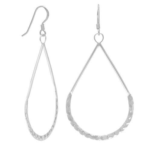 Open hammered pear shape french wire earrings sterling silver.