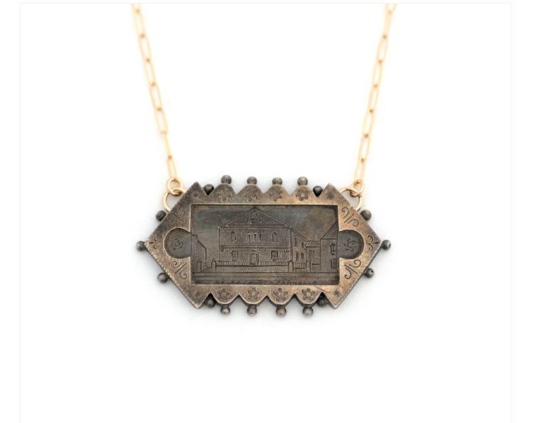 Sterling hand etched English Chapel brooch converted to necklace ON SALE