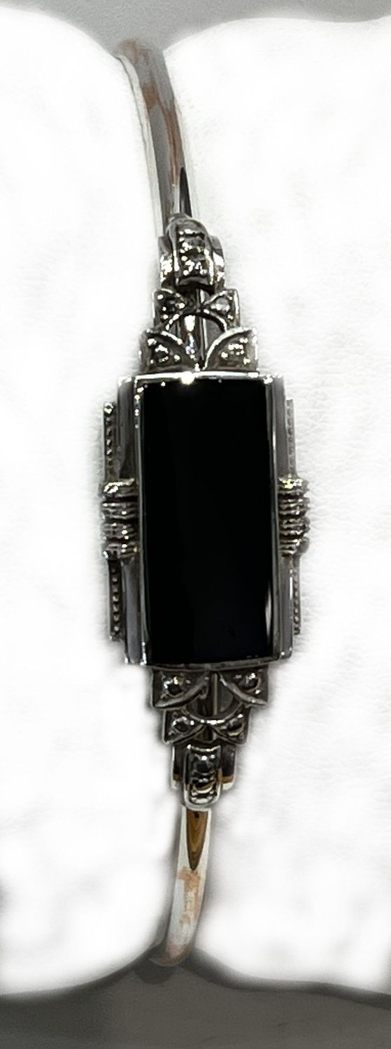 Onyx & Marcasite bar pin sterling bangle bracelet