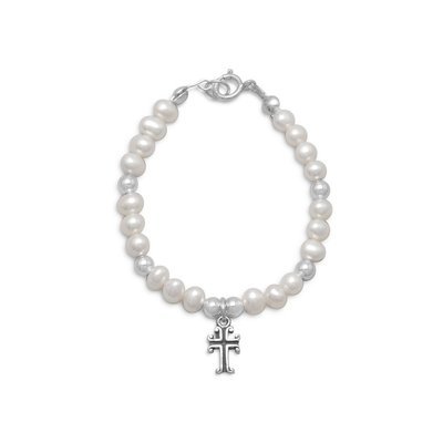 5" White Cultured Freshwater Pearl and Silver Bead Bracelet with Cross for Child