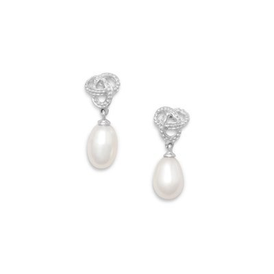 Rhodium Plated Love Knot Earrings with Cultured Freshwater Pearl Drop