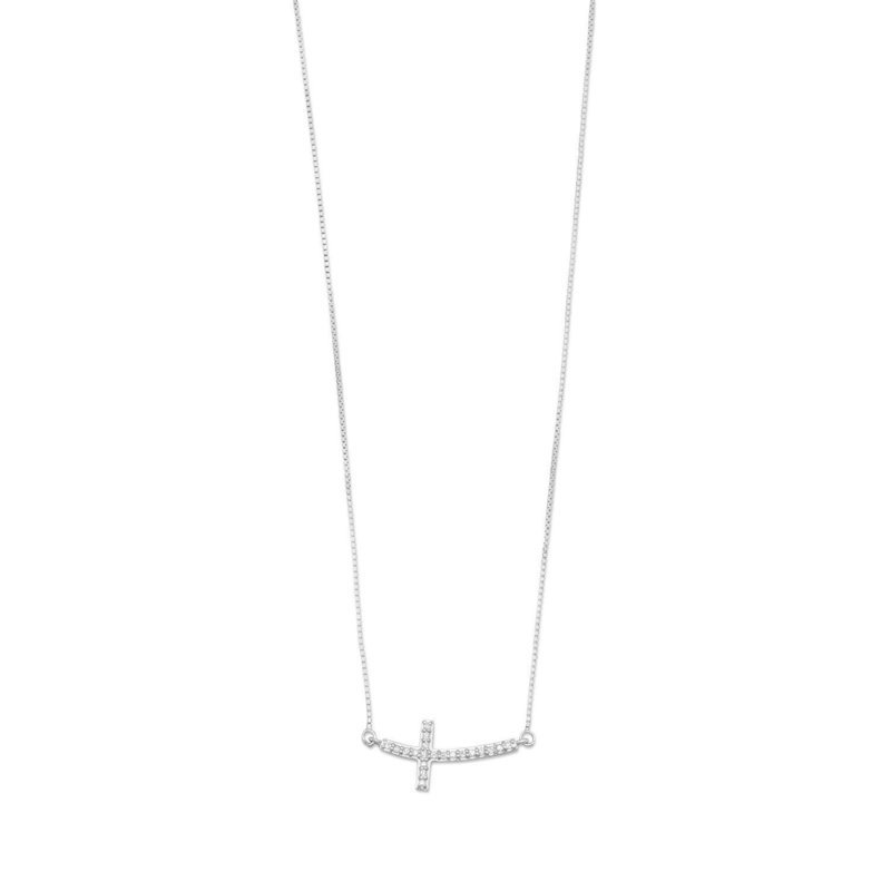 Rhodium Plated Sideways Cross Necklace with Diamonds Rhodium Plated Sideways Cross Necklace with Diamonds