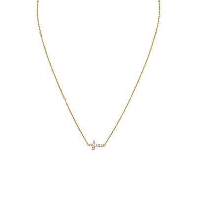 16" 14 Karat Gold Plated Necklace with Sideways CZ Cross