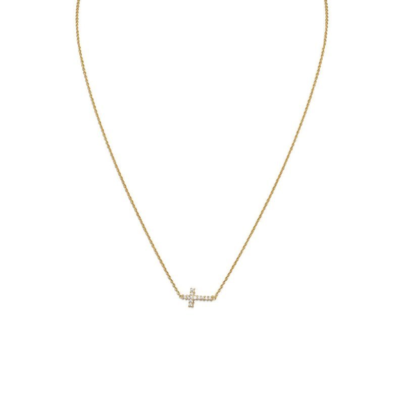 16" 14 Karat Gold Plated Necklace with Sideways CZ Cross