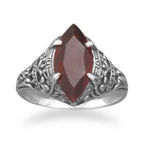 Oxidized sterling silver vintage style ring with marquise garnet. The garnet measures 15mm x 7mm.