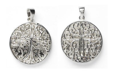 Southern Gates Double Sided Round Oak Tree and Cross Pendant on 18" or 20" sterling silver box chain. 22.4mm 925 sterling silver