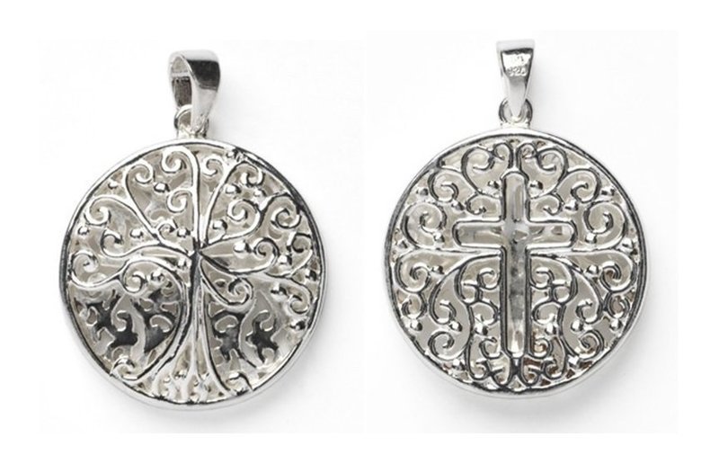 Southern Gates Double Sided Round  Oak Tree and Cross Pendant on 18" or 20" sterling silver box chain.   22.4mm  925 sterling silver