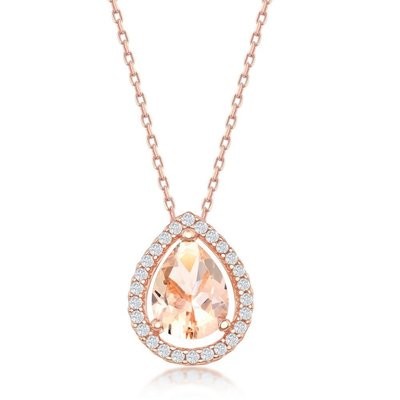Morganite CZ pear shaped pendant on 18" chain. Rose Gold Plate over sterling silver.